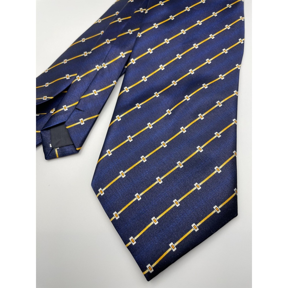 Myn Tie Mens Blue Yellow Geometric Stripe Silk Necktie